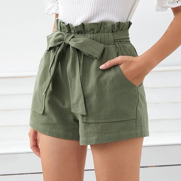 BohoGypsyDreamer.com Pants - Boho Paperbag Belted Shorts high waist with pockets - olive green